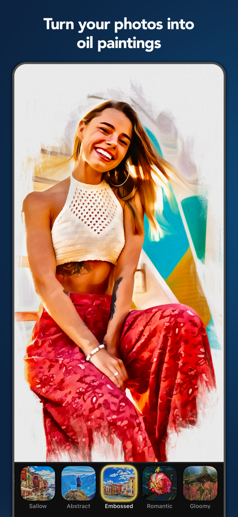 Oilbrush: Oil Painting Effects - Un retrato de una mujer sonriente transformado en una pintura al óleo digital con los ajustes preestablecidos de la aplicación Oilbrush