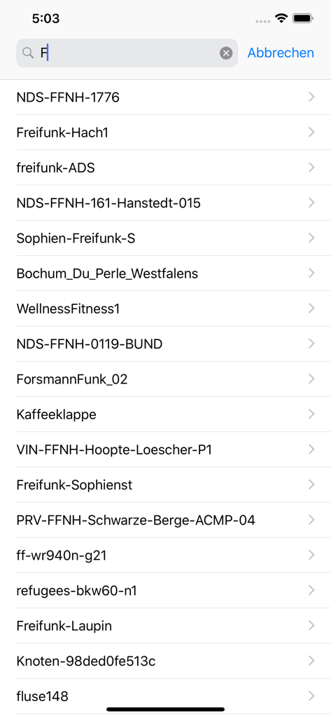 Freifunk - List of available community Wi-Fi nodes shown in the Freifunk app search results