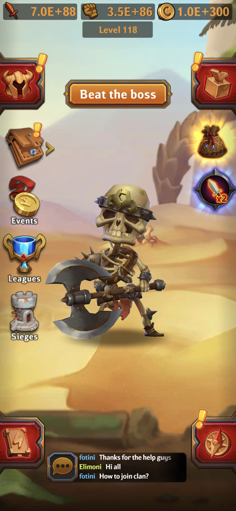 Dungeon Crusher AFK Heroesモバイルゲームインターフェースの大きな斧を持ったスケルトンウォリアー