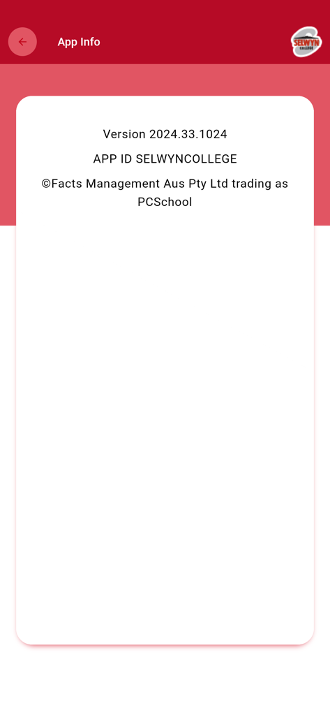 App Info screen of the Selwyn College mobile app displaying the version number and developer information.