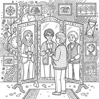 Embark on a reflective artistic journey with this unique ageing self-portrait coloring page, depicting the passage of time through different life stages. Explore the beauty of personal growth and cherished memories as you bring this intricate design to life.