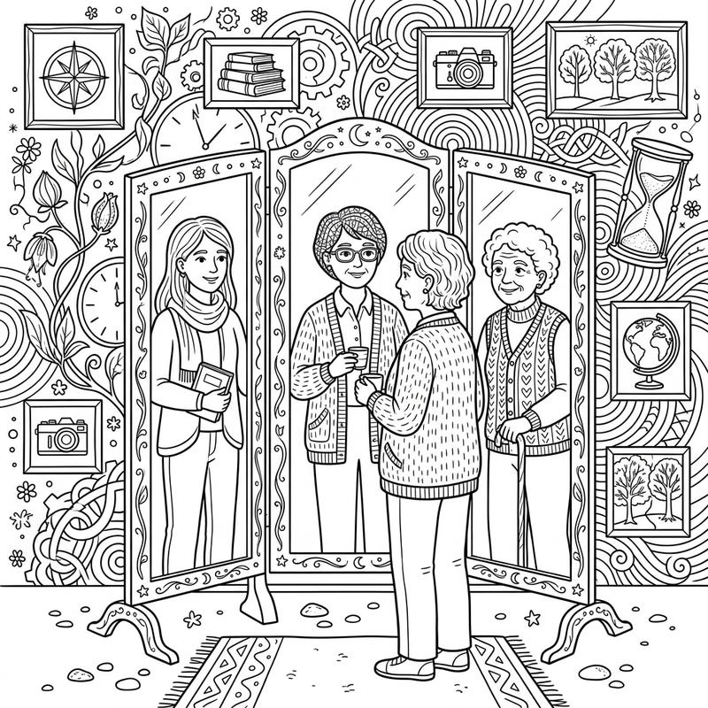 Embark on a reflective artistic journey with this unique ageing self-portrait coloring page, depicting the passage of time through different life stages. Explore the beauty of personal growth and cherished memories as you bring this intricate design to life.