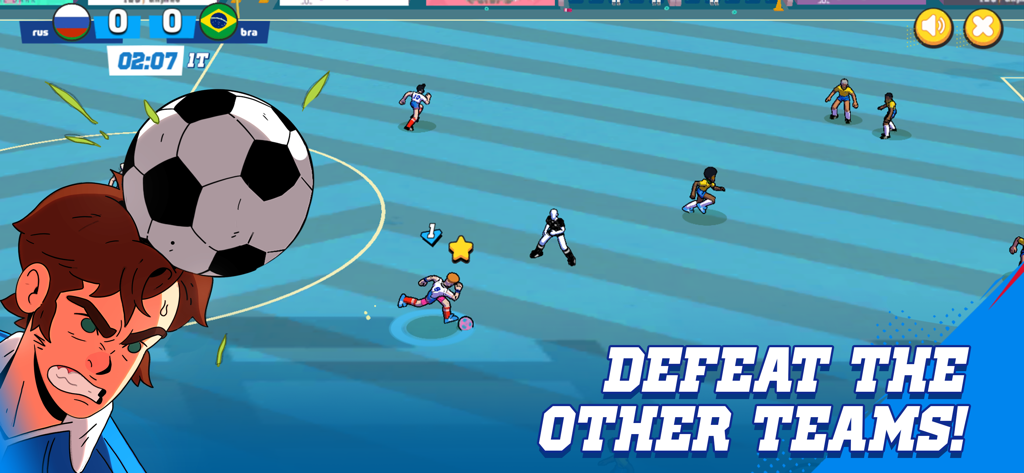 Golazo! - Cartoon soccer players in a match with the text Defeat the Other Teams