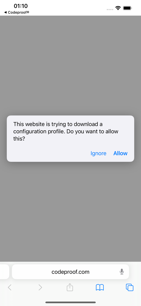 Cyber Device Manager® - iOS system prompt for downloading a configuration profile from codeproof.com during MDM setup.