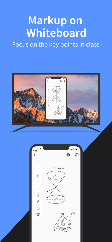 Screen Mirroring: LetsView - Aplicación LetsView duplicando una pizarra móvil con diagramas geométricos en la pantalla de una TV.