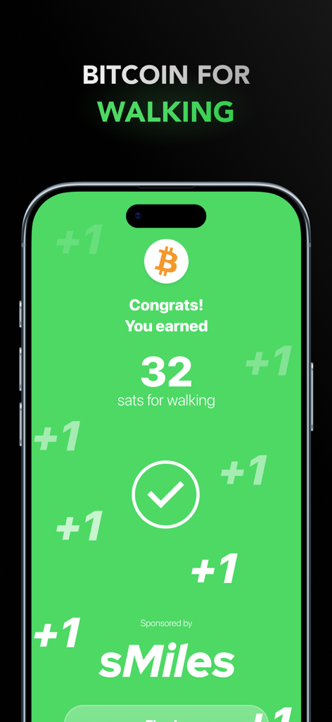 sMiles app screen showing bitcoin rewards earned for walking