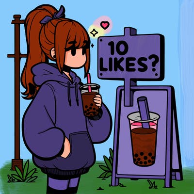 girl with oversized hoodie drinking boba and she has a high ponytail with a sign that says 10likes?