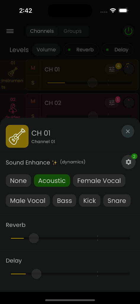 StageWave - StageWave app interface showing sound enhancement presets and effect sliders for an acoustic guitar channel