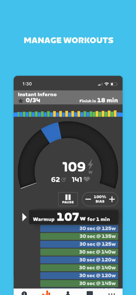 Zwift Companion - Zwift Companion app mobile interface displaying real-time indoor cycling workout metrics and interval progress.