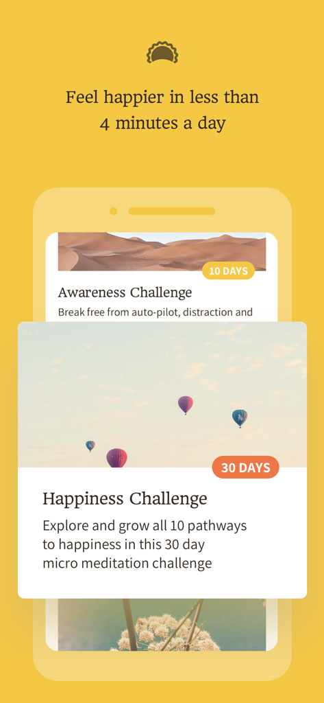 The Happy Habit 앱 인터페이스에 10일 인식 챌린지 및 30일 행복 챌린지가 표시됨