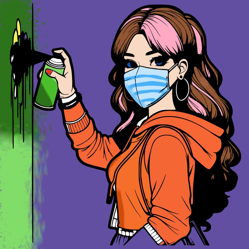 realistic girl with mask spray painting a wall