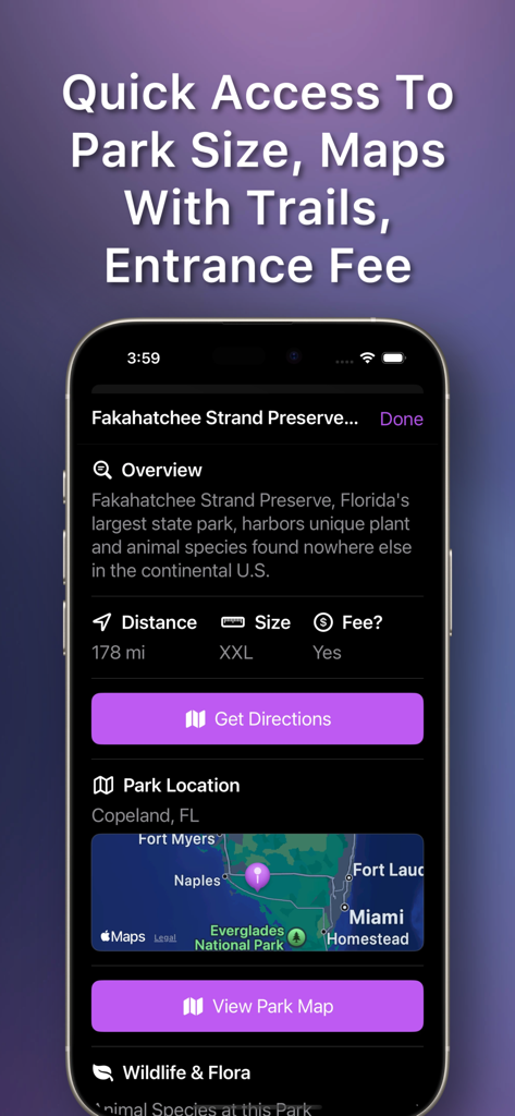 FL Parks: Map & Guide - Screenshot of the FL Parks app showing park overview, distance, size, entrance fees, and map location for a Florida state park.