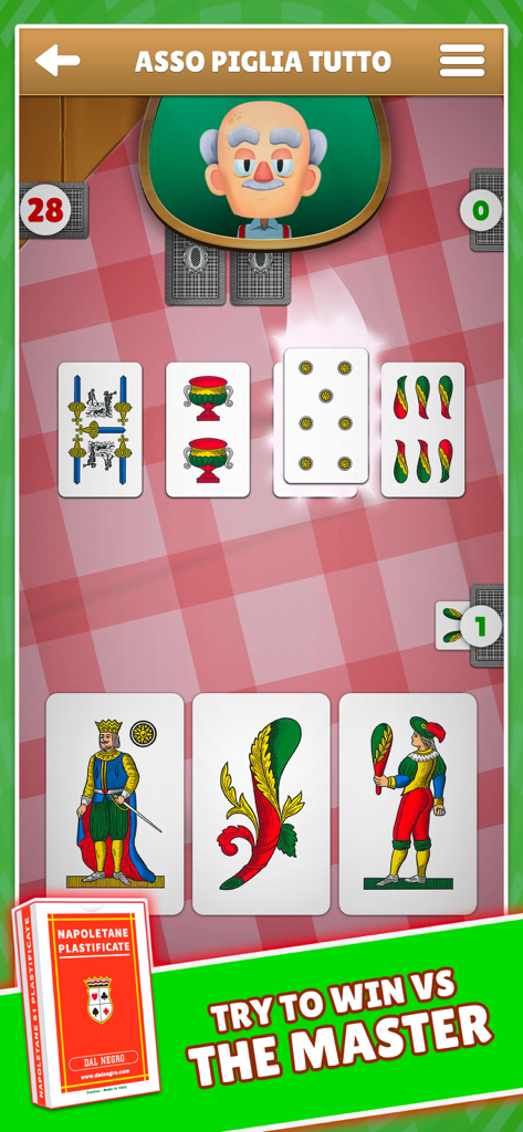 Asso Piglia Tutto Dal Negro - Tela de jogabilidade de Asso Piglia Tutto mostrando cartas napolitanas italianas tradicionais contra um oponente mestre de IA