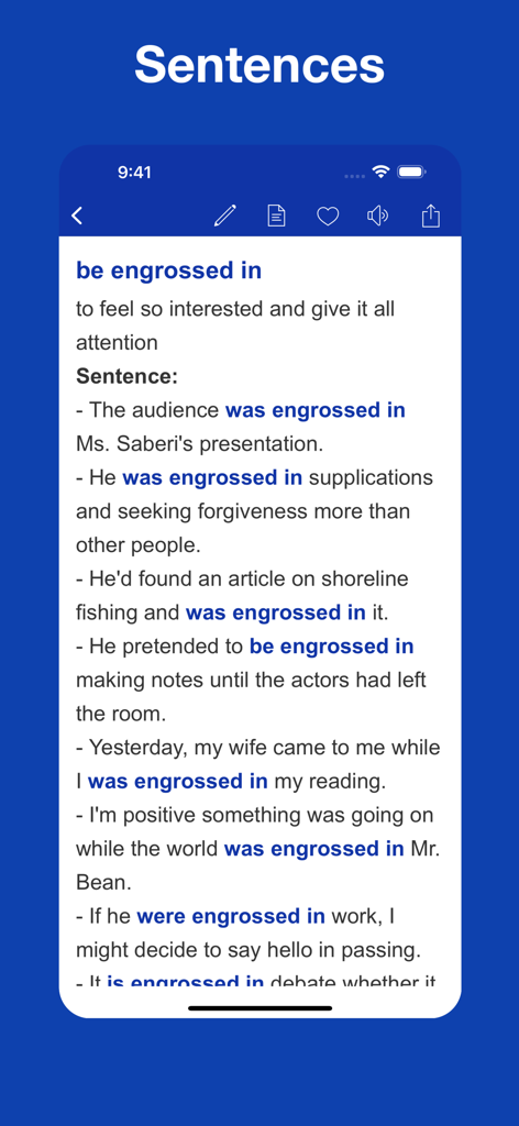 「be engrossed in」というフレーズの例文が表示されている英語学習画面