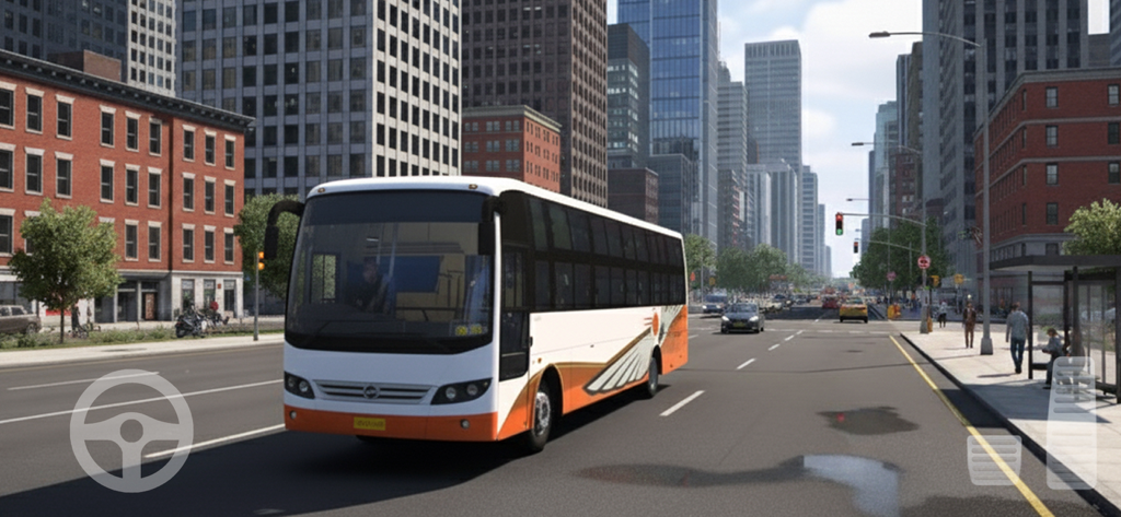 Ultimate Bus Simulatorr - A white and orange bus driving through a modern city street in the Ultimate Bus Simulatorr game