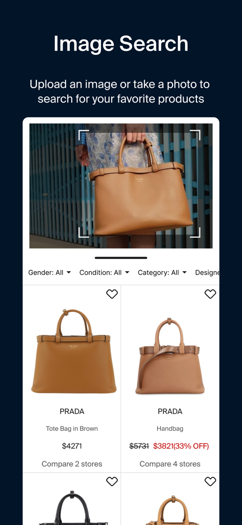 ModeSens app image search feature showing price comparisons for a Prada luxury handbag
