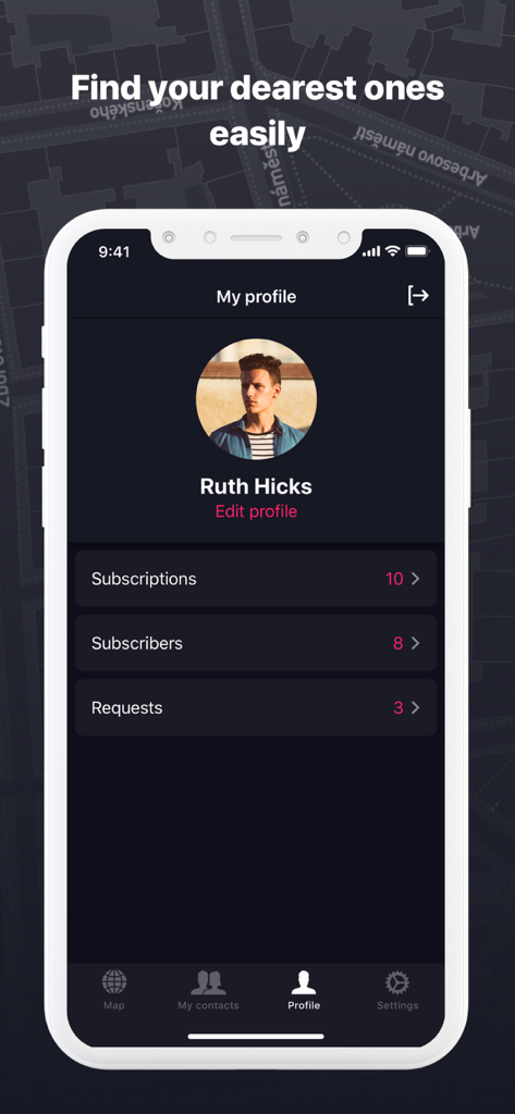 ユーザーの詳細、サブスクリプション、サブスクライバーが表示されているLocation Trackerアプリのプロフィール画面