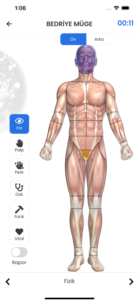 Pantalla de simulación de examen médico con un modelo de anatomía muscular humana