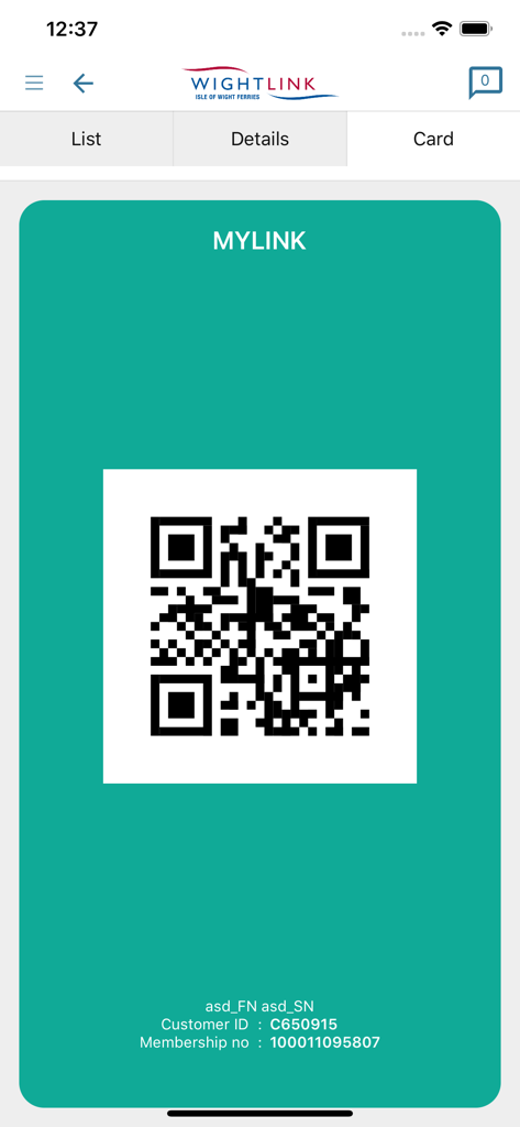 Digital MyLink loyalty card with a QR code in the Wightlink app