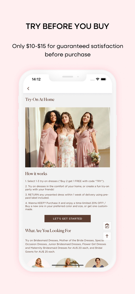 Interfaz de la app JJ's House explicando el servicio de prueba en casa para vestidos de dama de honor.