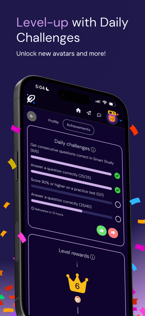 Ein Screenshot der Thea Study Smart App, der den Bildschirm für tägliche Herausforderungen und Erfolge mit Level-Belohnungen und Fortschrittsbalken zeigt.