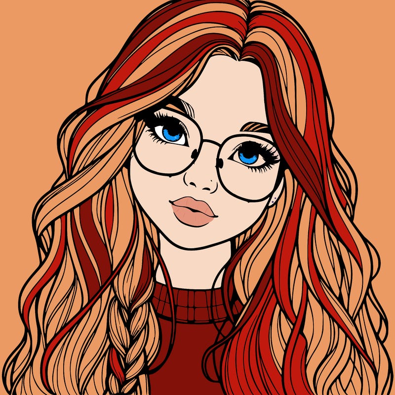 girl with long hair and freckles and glasses realistic