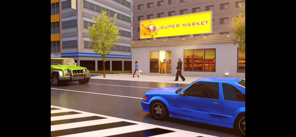 Vista externa do prédio do supermercado na cidade com uma placa amarela