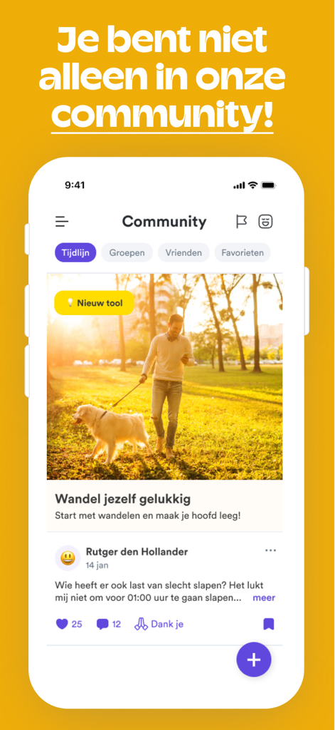 Superbrains - Superbrains app community screen showing a user post about walking for mental wellness with engagement options