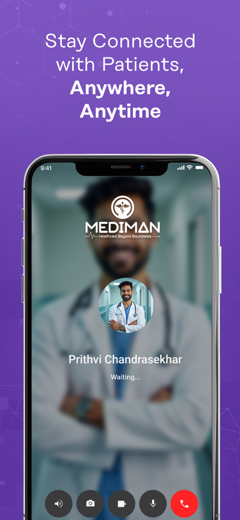 MediMan Doctor - MediMan Doctor app interface showing a telemedicine video call screen