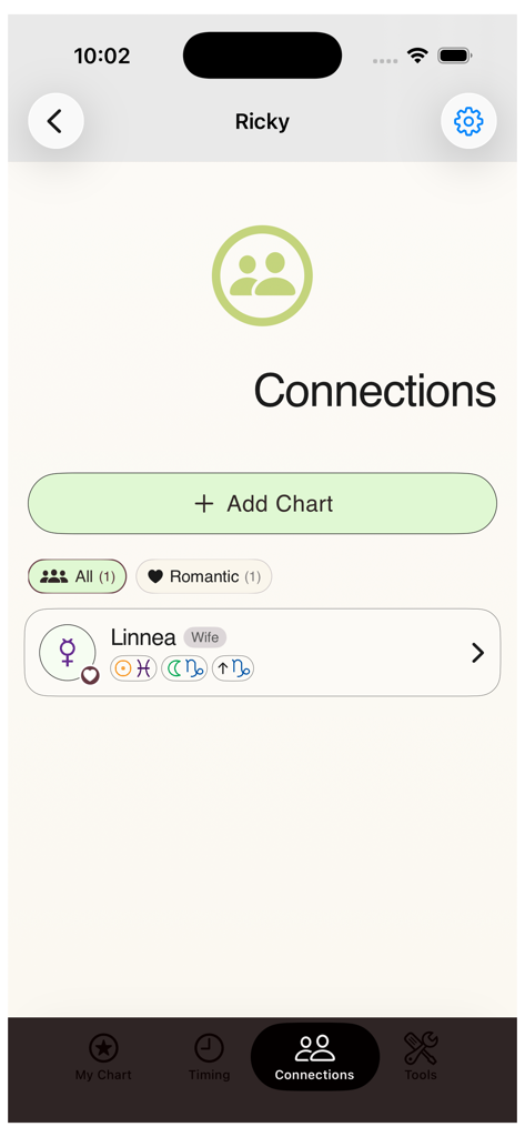Lila Pro: Astrology Tools - The connections screen of Lila Pro astrology app displaying saved relationship charts