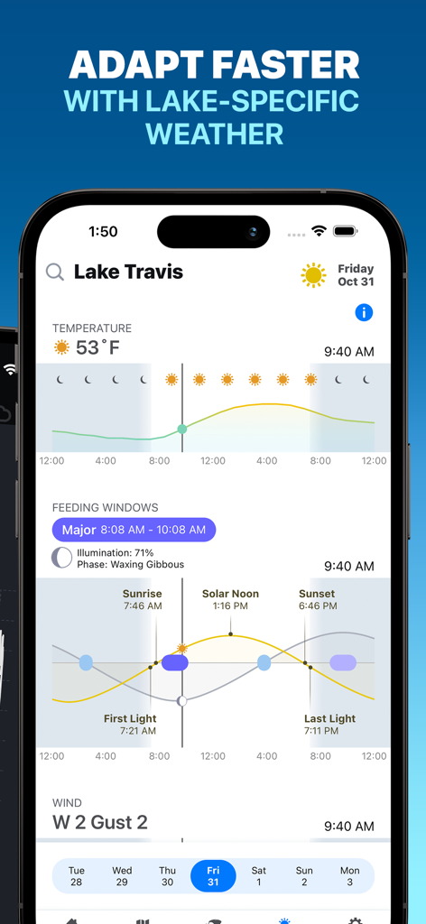 Mobile app screen displaying lake specific fishing weather and feeding windows for bass fishing.