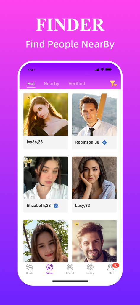 Sugar Meet & Dating Me: Secret - Uno screenshot della funzionalità Finder nell'app di incontri Sugar Meet che mostra i profili delle persone nelle vicinanze.