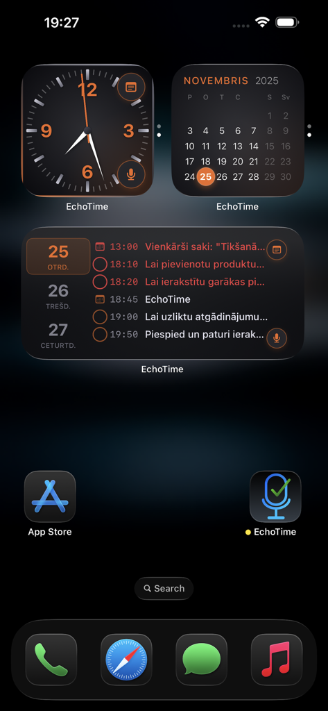 Echo Time Voice Assistant - Echo Time iPhone home screen showing clock calendar and task widgets