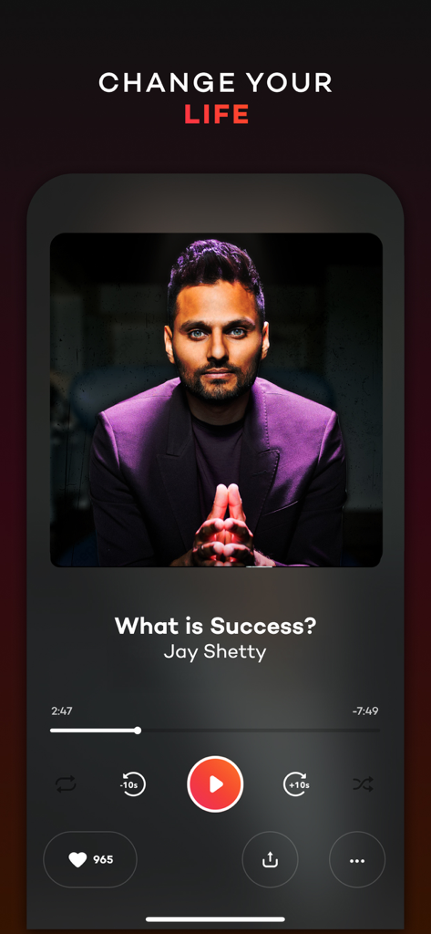 Motivation: daily Peptalk - Audio player interface of the PepTalk app featuring a motivational talk by Jay Shetty