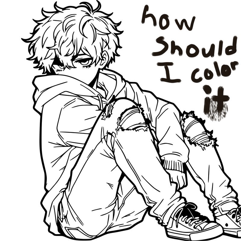 a male hoddie ripped jeans messy hair anime