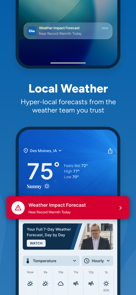 Des Moines News - We Are Iowa - Lokale Wettervorhersage-Bildschirm in der Des Moines News App mit aktueller Temperatur und stündlichen Updates.