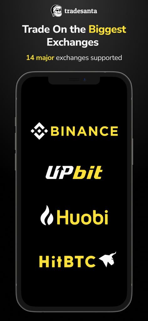 TradeSanta: Crypto Trading Bot - TradeSanta app screen showing support for major crypto exchanges like Binance and Huobi