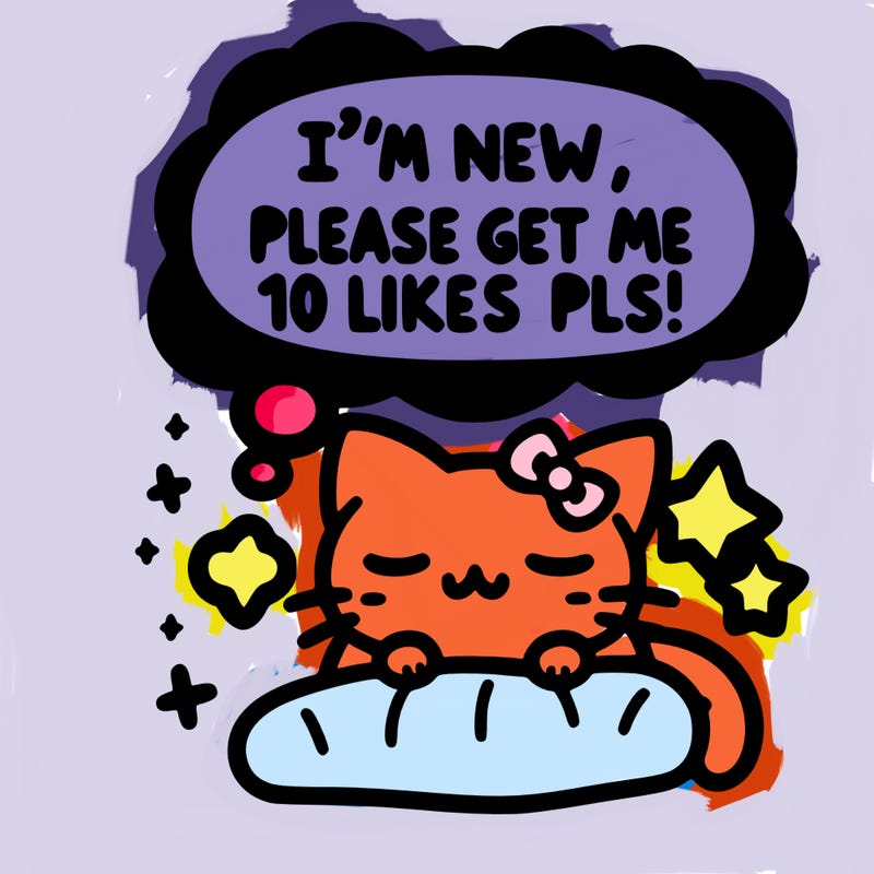 kitty taking a nap dream talking and saying "i'm new, please get me at least 10 likes pls!!"