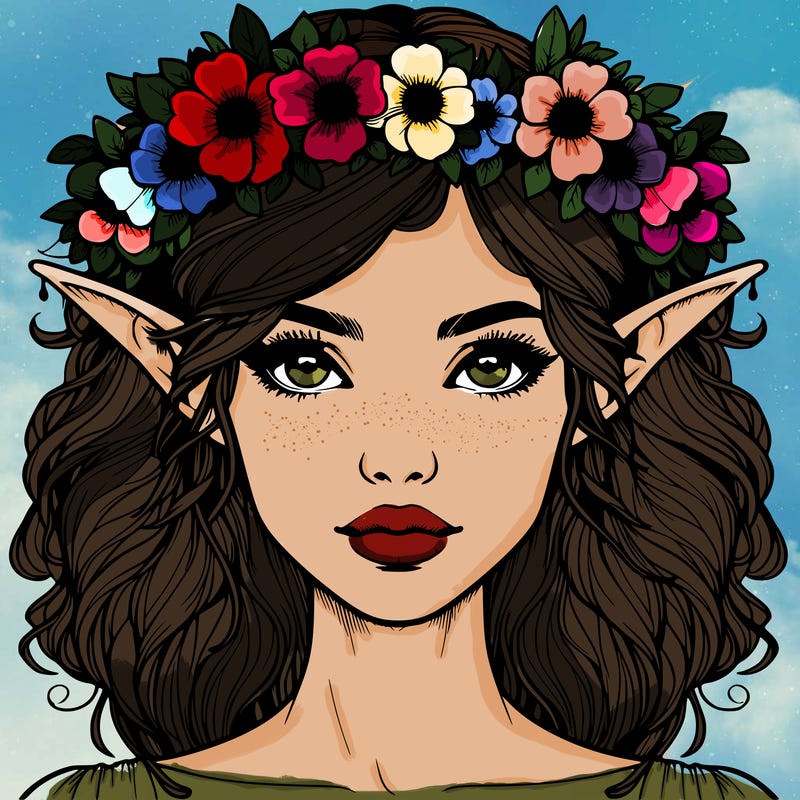 realistic female elf with flower crown