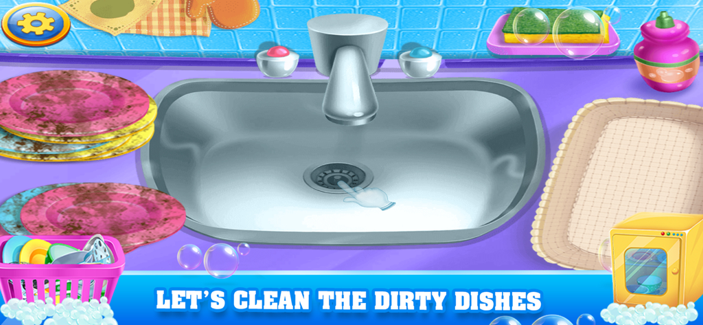 Limpiando platos sucios en el fregadero de la cocina dentro del juego móvil House Clean