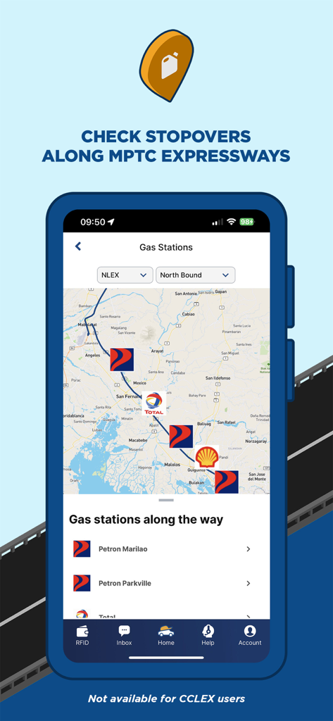MPT DriveHub - Interfaz de la aplicación MPT DriveHub que muestra ubicaciones de gasolineras en el mapa de la NLEX en dirección norte