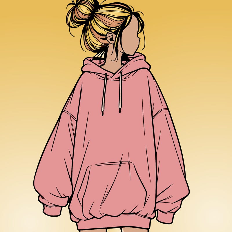 realistic girl with a oversized sweatshirt on and a bun