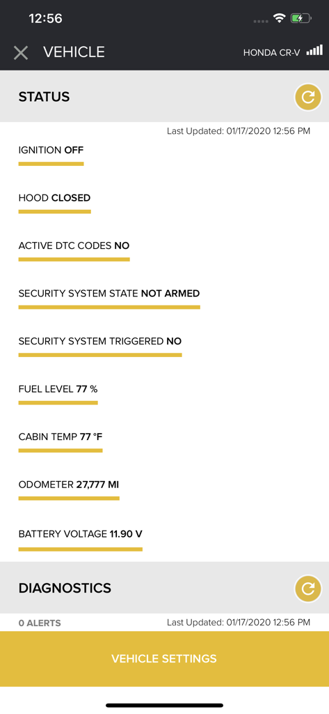 Real time vehicle status dashboard in the Viper SmartStart app showing fuel level cabin temperature and security state