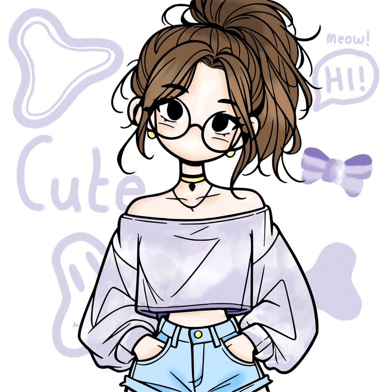 girl with a messy ponytail glasses a baggy crop top and jean shorts