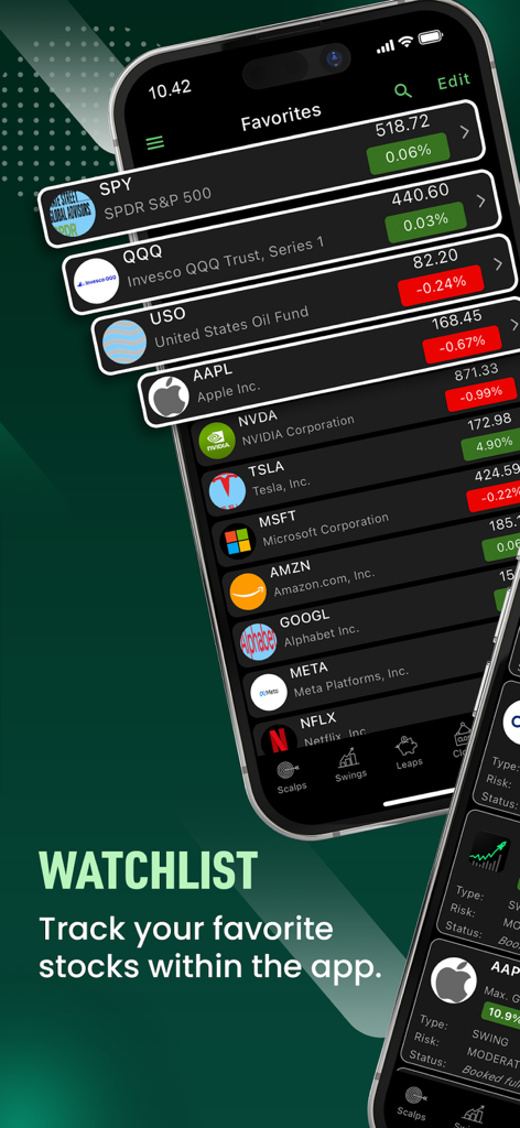 Option Signals - Live Alerts - A mobile screen showing a stock watchlist with real-time price updates for popular companies like Apple, Tesla, and Nvidia.