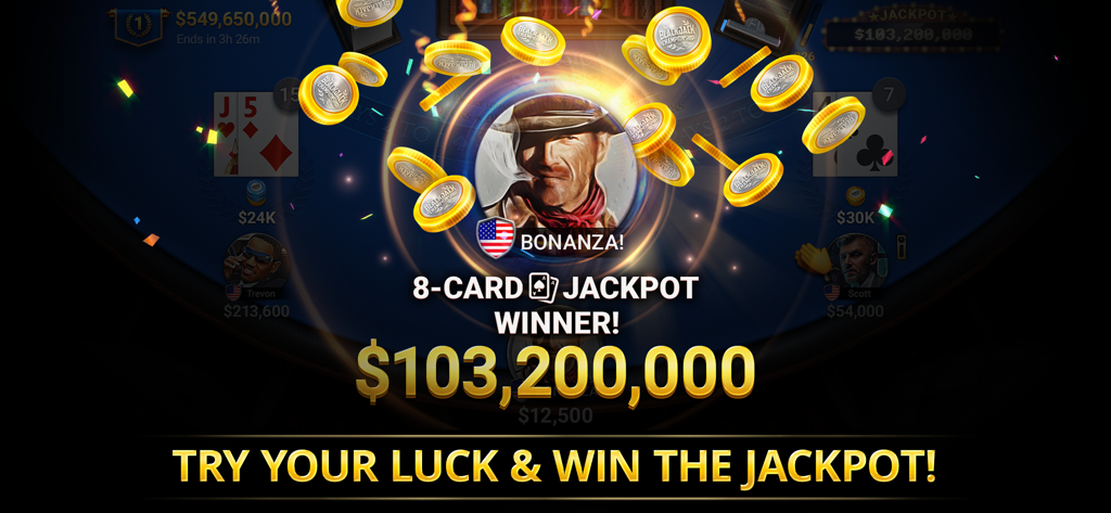Blackjack Championship - A winning game screen from Blackjack Championship celebrating an 8-card jackpot winner with a large chip prize and gold coins.