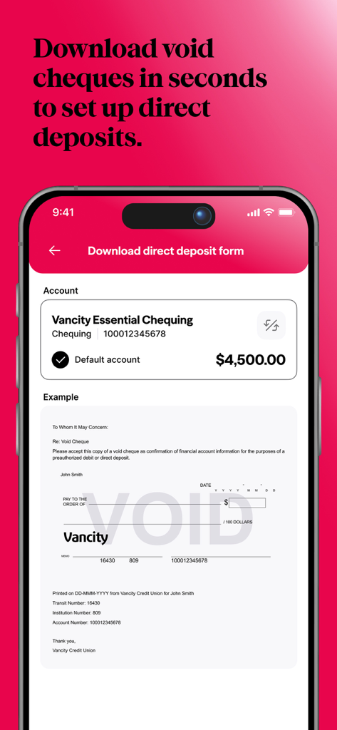 Vancity - Vancity mobile app screen for downloading a void cheque and direct deposit form.