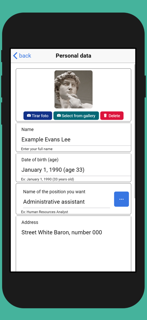 Formulário de informações pessoais no App de Currículo PDF para criar um currículo