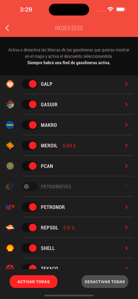 Gasolineras de España app settings for selecting gas station networks and configuring fuel discounts.