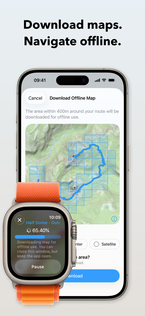 iPhone e Apple Watch exibindo o processo de download de um mapa topográfico offline para caminhada